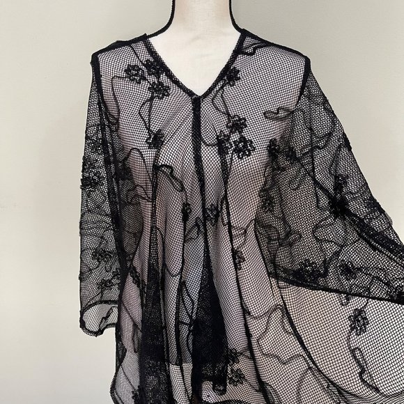 Women's Kimono Top Beach Cover Up V Neck Sheer Fishnet Mesh Black One Size - Picture 10 of 12